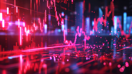 Financial downturn, holographic price fall, futuristic business losses, neon tech background