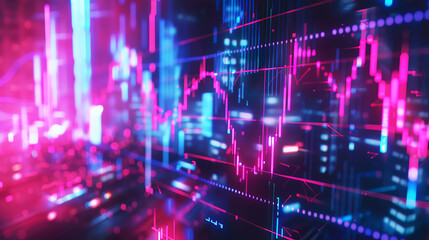 Obraz premium Business downfall, holographic price drop, futuristic economic collapse, neon tech background