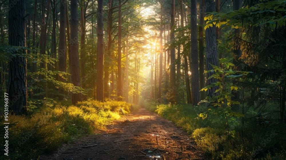 Poster sunlight filtering through trees in a serene forest path at golden hour