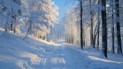 Fototapeta premium Enchanting winter forest in protected mountain area at sunrise