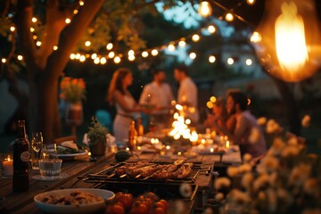 A group of friends enjoying an outdoor barbecue party with string lights creating ambiance, showcasing grilled food and table setting, perfect for social gatherings and fun times.