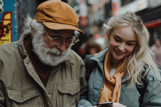 An elderly man wearing a cap shares a moment with a young woman as they look at a smartphone together, showing the bridging of generational gaps through technology.