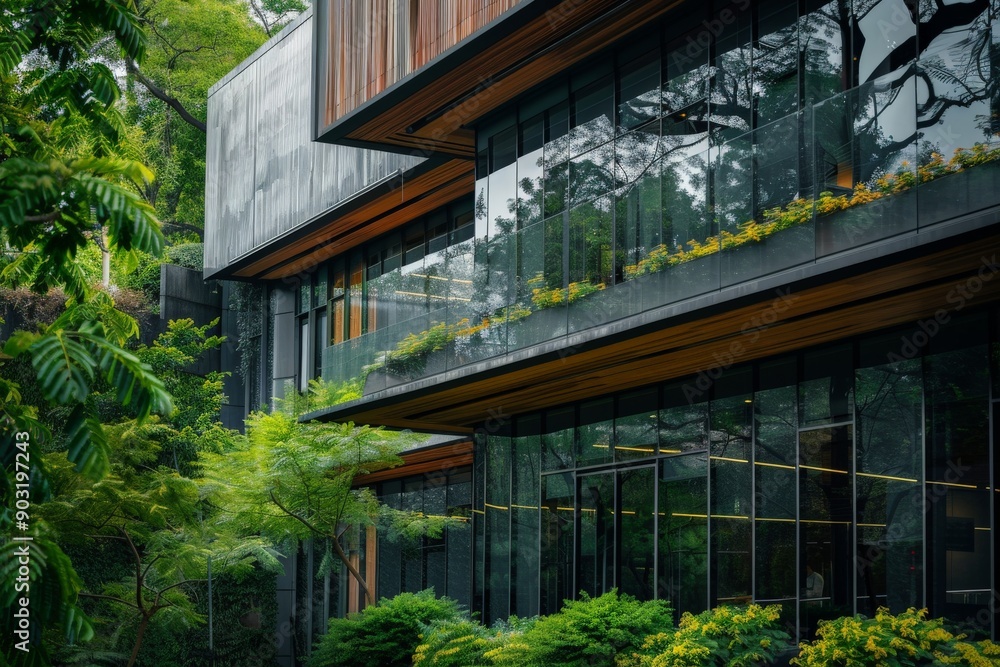 Aufkleber A contemporary building featuring large glass windows and surrounded by greenery, blending modern architectural elements with the natural environment.
