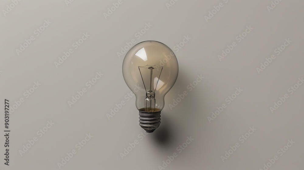 Poster an unlit light bulb stands against a plain, neutral background, showcasing its clear glass structure