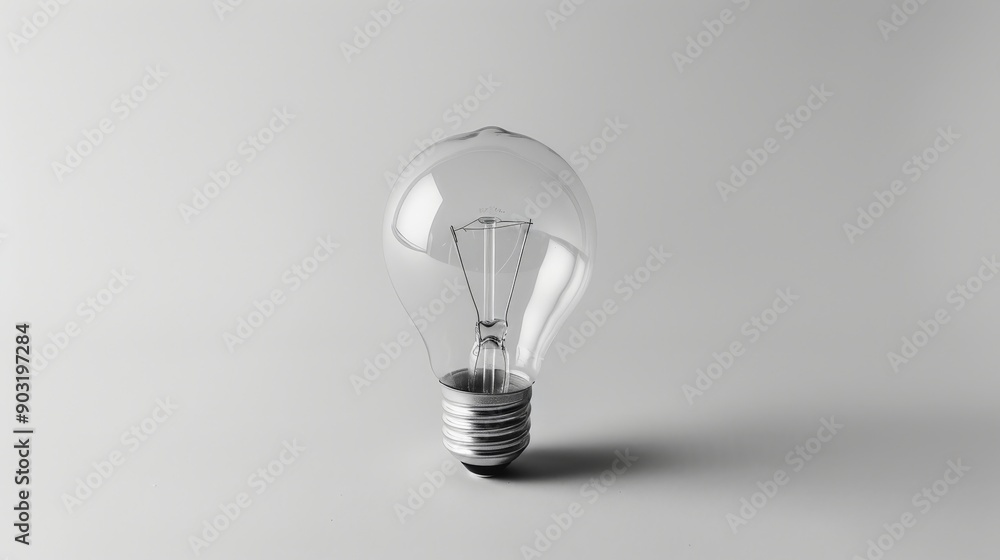 Poster a solitary, large light bulb is prominently displayed against a grey background, focusing on its cle