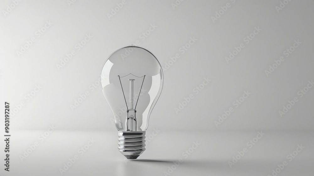 Poster a clean, modern image of an unlit transparent light bulb against a white backdrop. the bulb’s simple