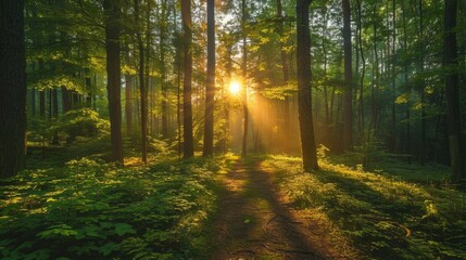 Obraz premium Serene forest pathway at sunrise with sunlight piercing through trees