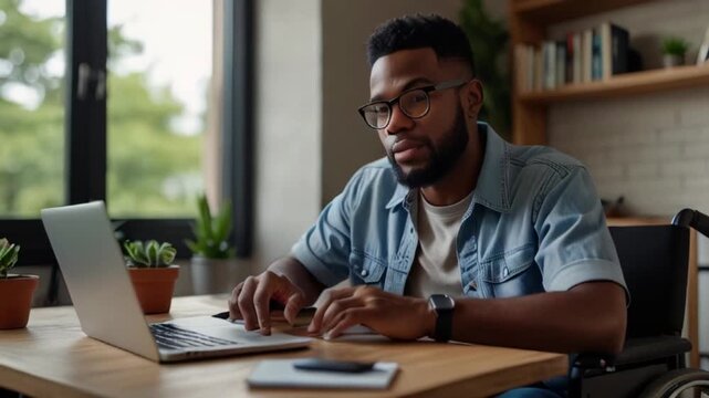 Focused young man in wheelchair using laptop computer for online work or communication at home. Hardworking disabled black guy having webinar or remote business meeting