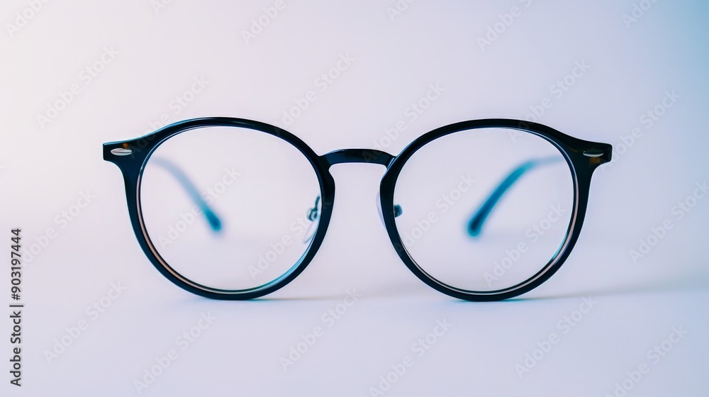 Poster a neat presentation of classic black round eyeglasses with clear lenses placed on a pristine surface