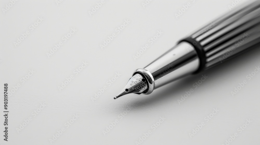 Aufkleber This image displays a close-up view of a fountain pen tip on a white background, drawing attention to the fine metallic nib and precise craftsmanship for writing enthusiasts.
