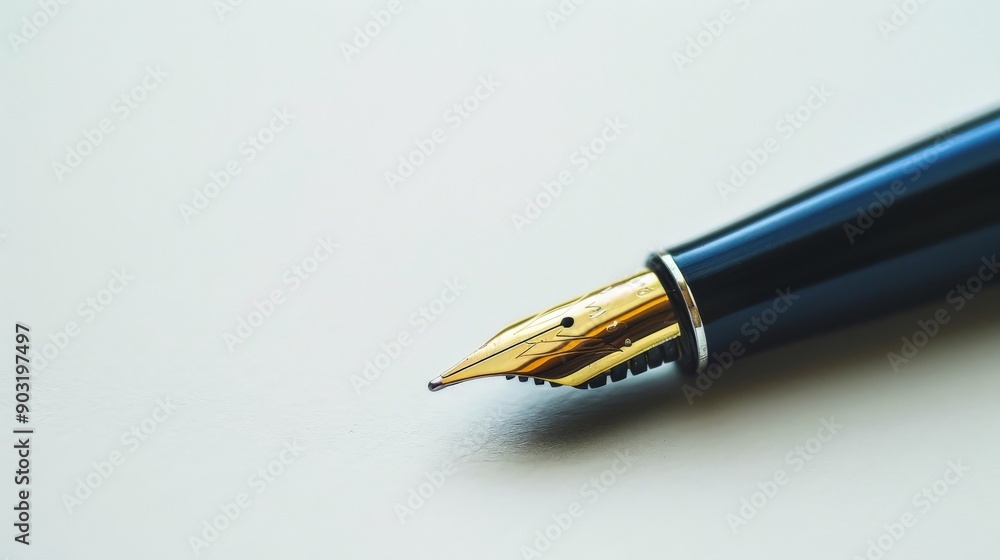 Poster this image features a classic fountain pen with a golden nib against a light background, highlightin
