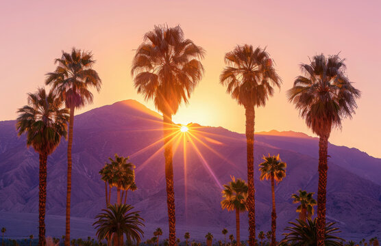 Palm trees and desert mountain at sunset in Palm Springs, California