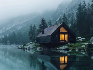 Fototapeta premium A small cabin sitting on top of a mountain next to a lake