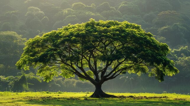Lush bergera koenigii tree surrounded by vibrant green landscape in asia