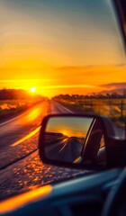 A view of the sun setting through the side view mirror of a car