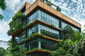 Obraz premium An impressive building featuring green terraces and large glass windows, illustrating a harmonious relationship between modern construction and the natural environment.