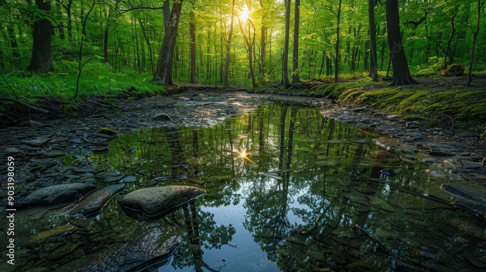 Poster tranquil stream in spring forest with sunlight filtering through green canopy