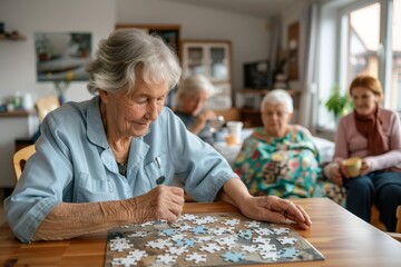 An elderly woman works on a puzzle in a cozy room filled with natural light, surrounded by other seniors engaged in similar activities, depicting a joyful, communal atmosphere.