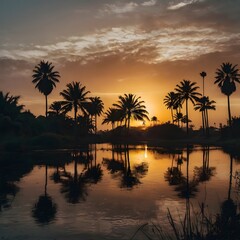 Sunset over a tranquil ake ith silhouetted palm tre