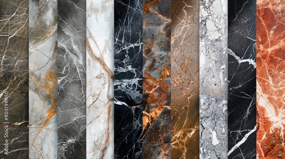 Aufkleber natural marble textures displayed in a detailing pattern across various authentic surfaces