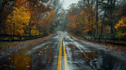 Obraz premium Country road surrounded by autumn trees on a cloudy rainy day