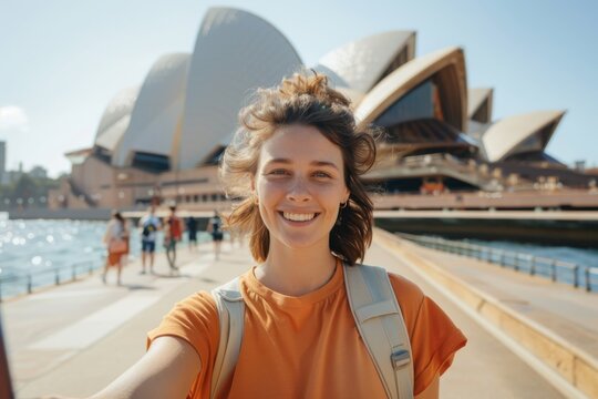 A young woman with a backpack smiles broadly while taking a selfie at the iconic Sydney Opera House on a sunny day, enjoying her travel adventure.