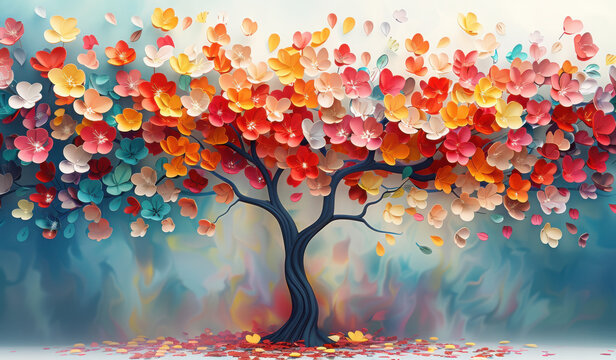 Colorful tree with leaves on hanging branches illustration background. 3d abstraction wallpaper . Floral tree with multicolor leaves