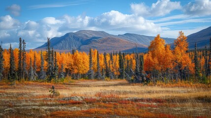 Scenic autumn view of forest tundra with majestic mountains in the background