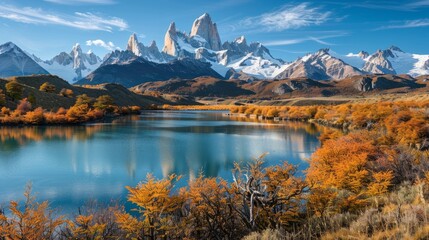 Obraz premium Alpine autumn with turquoise lake and snow-capped mountains in the background