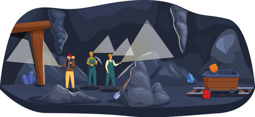 Mining industry concept with miners team working underground, extracting minerals and ore in dark tunnel © nsit0108