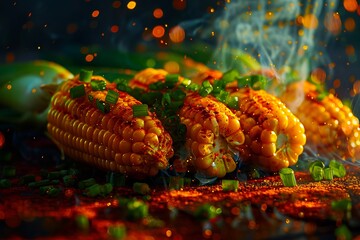 Fototapeta premium A close up of corn on the cob with smoke coming out of it