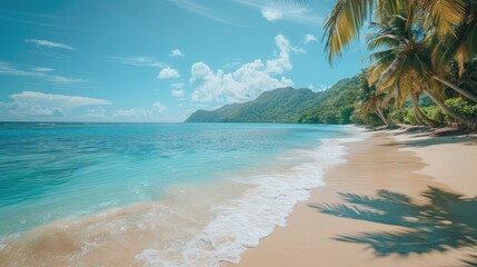 Serene beach with palm trees and turquoise waters, tropical paradise