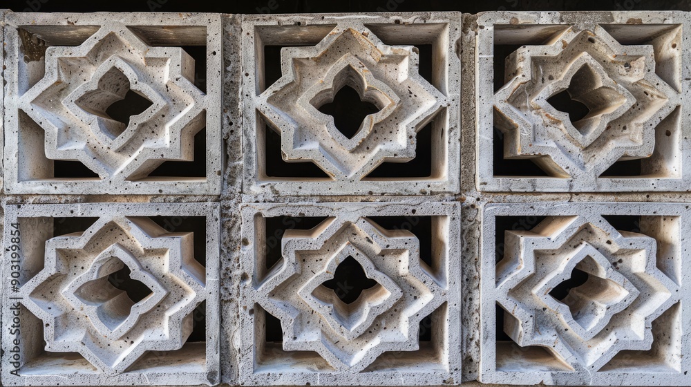 Poster decorative cinder block wall featuring intricate geometric patterns in urban setting