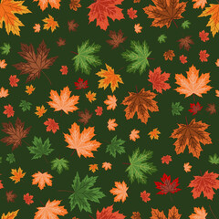 autumn seamless background. A bright vector illustration depicting a multitude of multicolored fallen maple leaves on a green background. colorful autumn-themed drawing