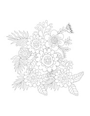 Flower coloring, Hand drawn coloring page for kids and adults. Potted plant, roses. Beautiful drawing with patterns and small details. Coloring book pictures. Vector. Flower coloring page 