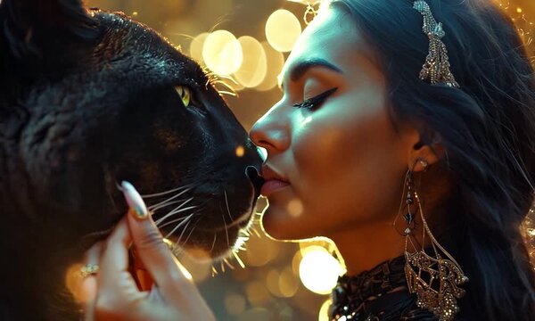 Very beautiful woman, shaman, brunette with black puma totem animal close-up.