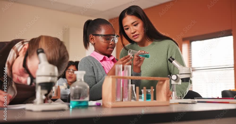 Poster science, student and teacher for experiment in classroom, tools and microscope for knowledge. equipm
