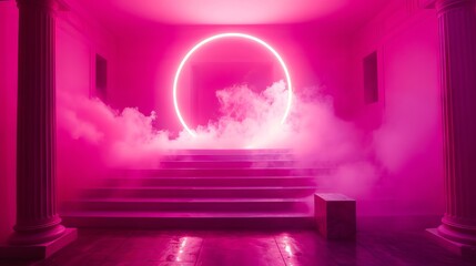 Naklejka premium A pink lighted room with stairs and pillars in the middle of it