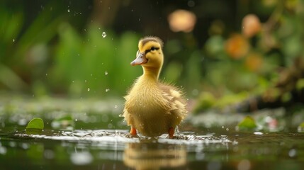 Young duckling playing in a tranquil pond surrounded by lush greenery and flowers