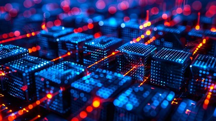 Obraz premium A close up of a bunch of blue and red lights on a table