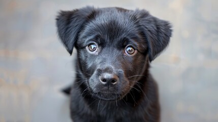 Adorable black labrador retriever german mix puppy looking up curiously in outdoor setting