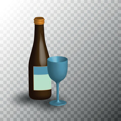 3D visualization of a bottle and glass on a transparent background. Vector illustration. Can be used to create presentations, packaging visualizations and various layouts.