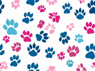 Fototapeta premium A pattern of blue and pink paw prints on a white background