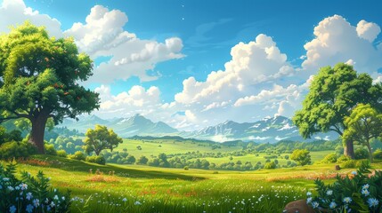 Serene Cartoon Nature Scene with Lush Greenery