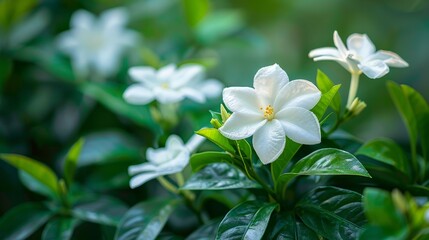 Vibrant white jasmine blossoms flourishing among lush green leaves