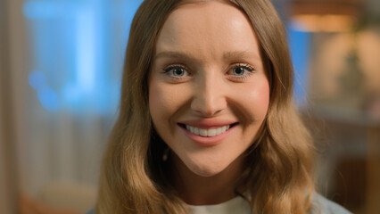 Close up portrait Caucasian woman smiling girl millennial happy homeowner housewife looking at camera evening home kitchen smile cheerful carefree emotions female wife mom house tenant mortgage credit