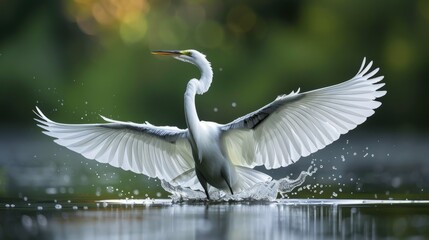 Great white egret spreading wings while wading through calm water at sunrise