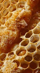 Intricate close-up of bee larvae and cocoons in honeycombs, with a sprinkle of pollen.