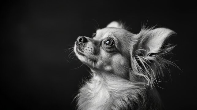 Chihuahua gazing upwards in monochrome against soft background