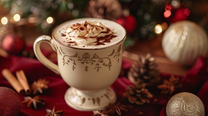 Festive eggnog cup decorated with whipped cream and spices by cozy holiday setting